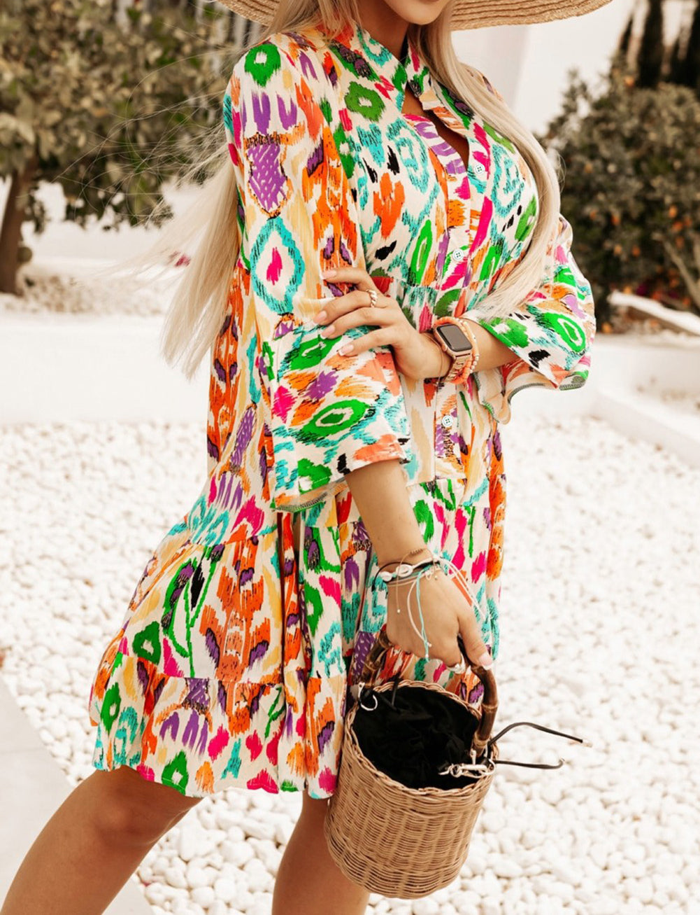 Abstract Floral Print Long Sleeve Buttoned Mini Dress