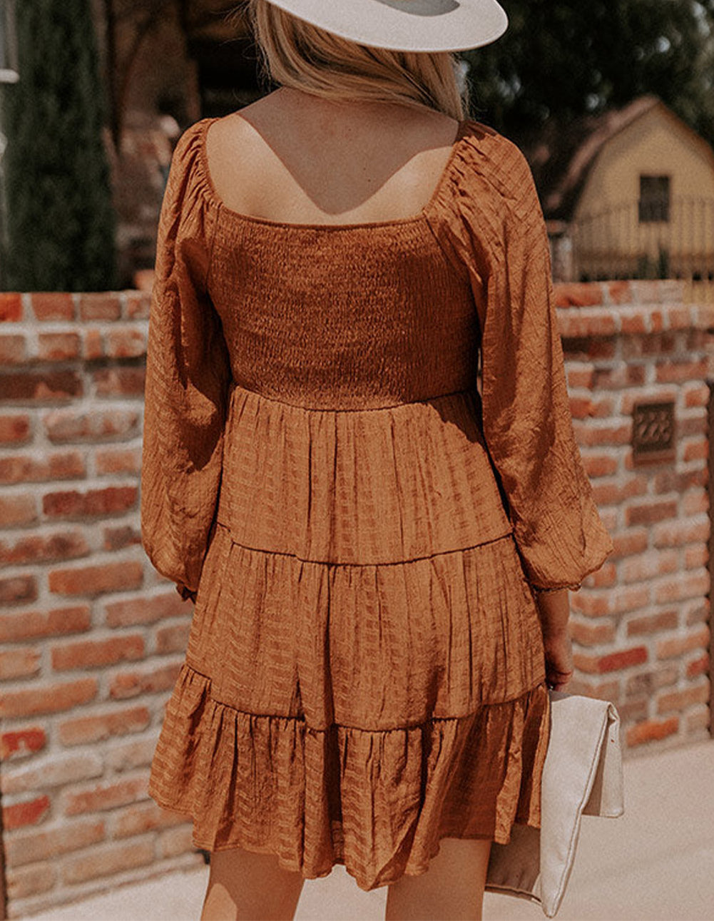 Bishop Sleeve Smocked Tiered Mini Dress