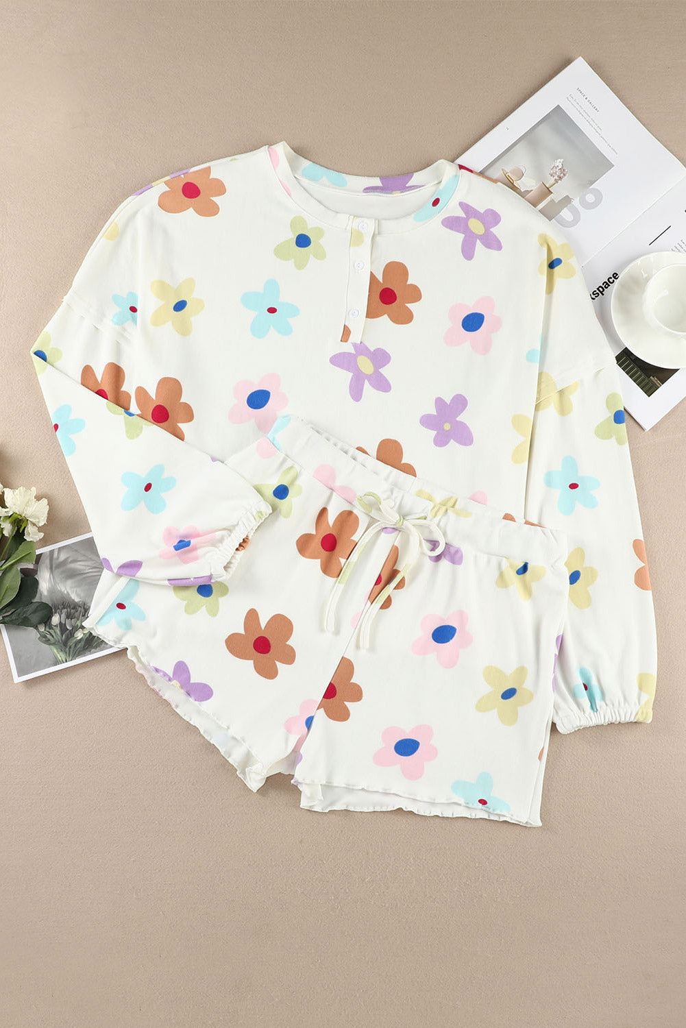 Floral Long Sleeve Henley Top and Drawstring Shorts Set