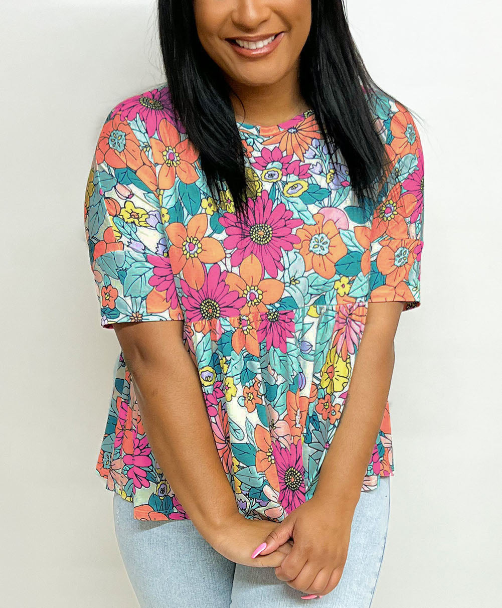 Plus Size Floral Print Short Sleeve Flowy Top