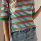 Striped Pattern Contrast Trim Pointelle Knit T Shirt