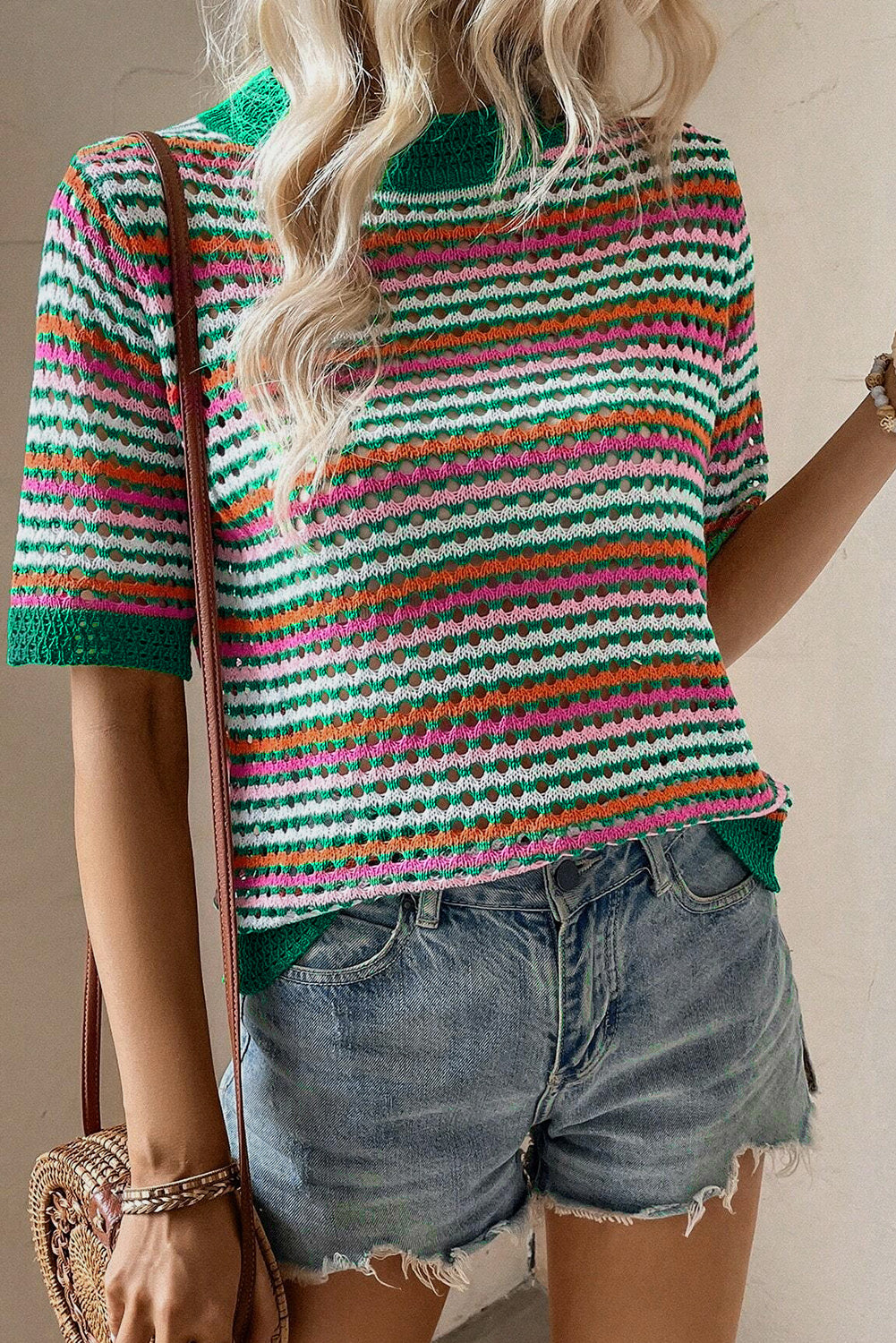 Striped Pattern Contrast Trim Pointelle Knit T Shirt