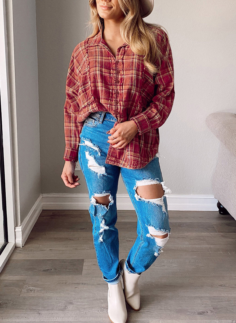 Plaid Frayed Stitching Long Sleeve Shirt