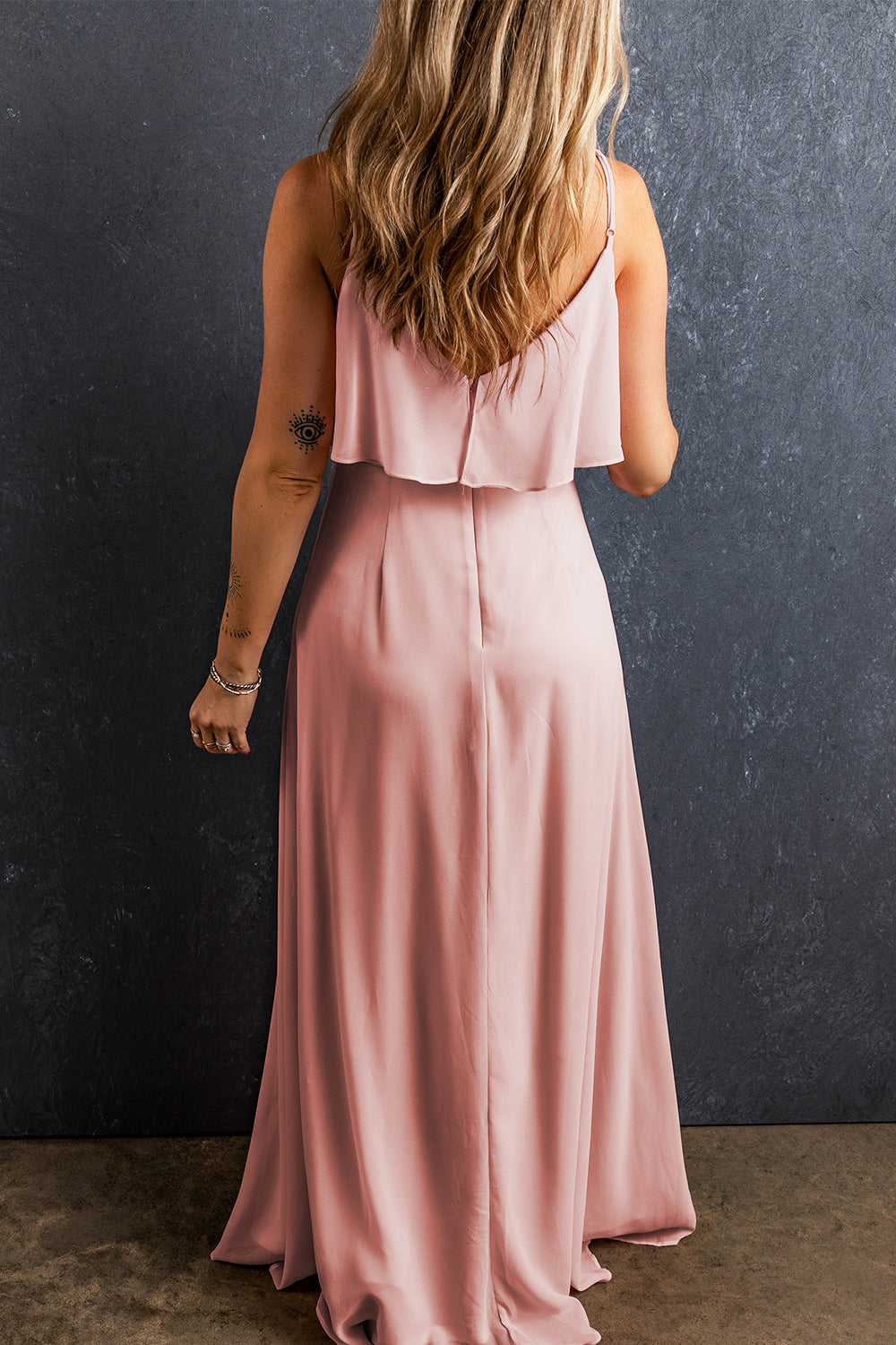 Spaghetti Straps V Neck Ruffled Split Long Dress