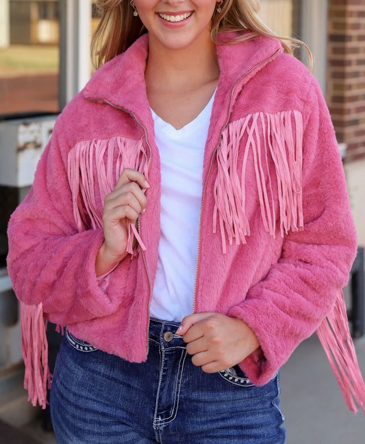 Fringed Full Zipper Fleece Jacket