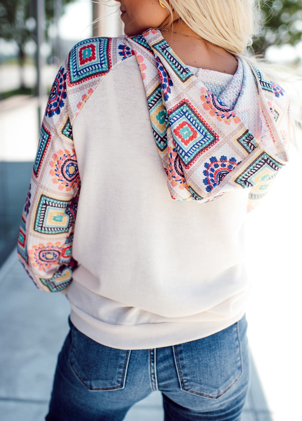 Geometric Patchwork Raglan Sleeve Henley Hoodie