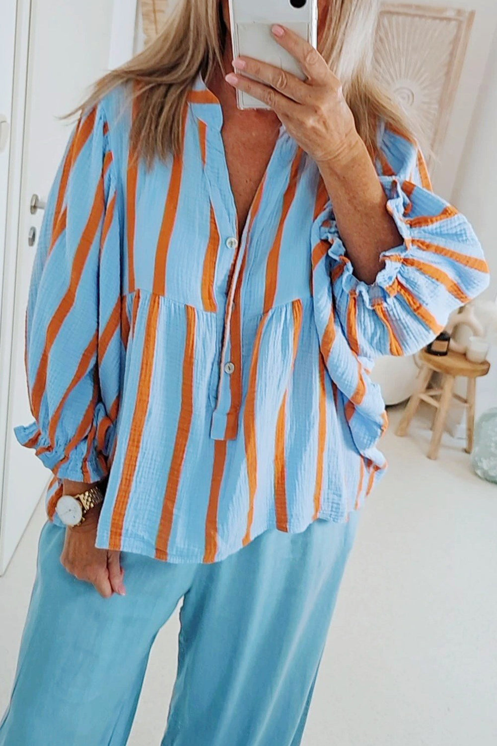 Stripe Crinckled Ruffled Sleeve Button up Loose Shirt