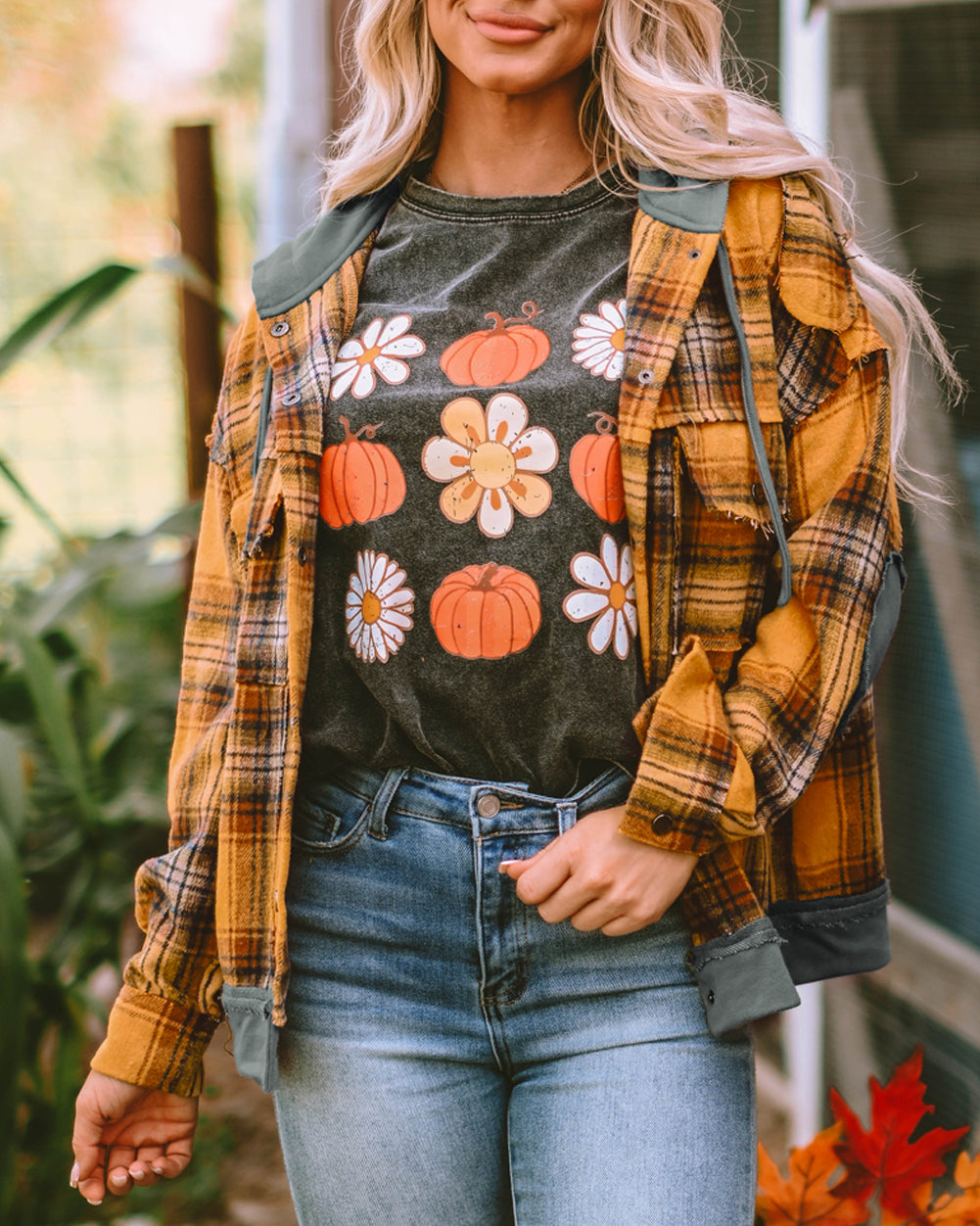 Plaid Patch Hooded Frayed Snap Button Jacket