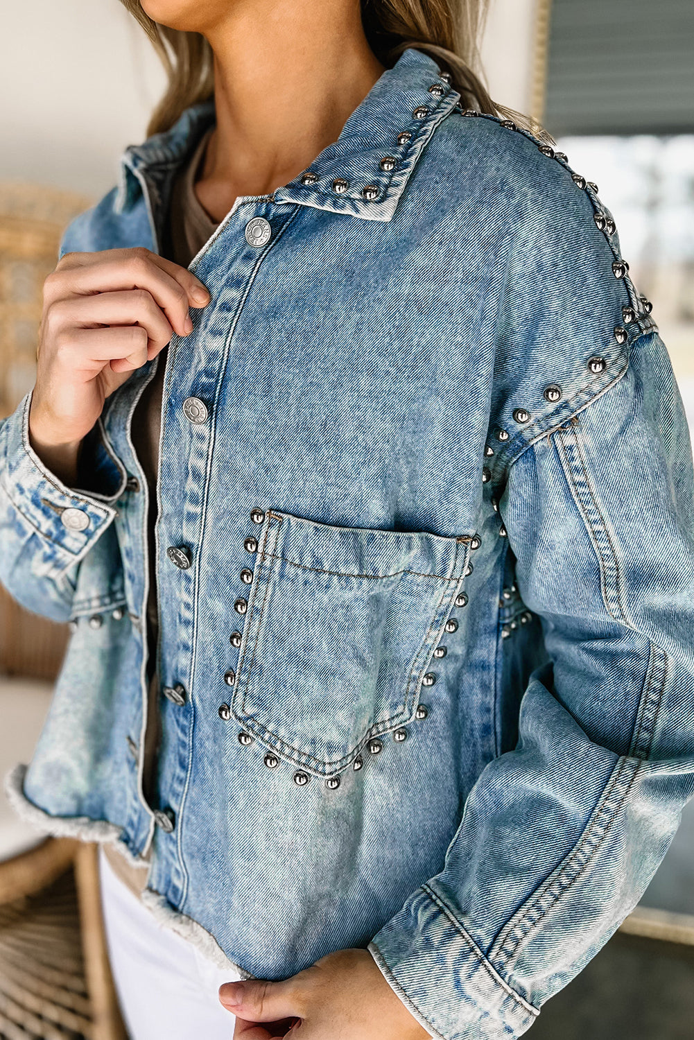 Studded Acid Wash Denim Jacket
