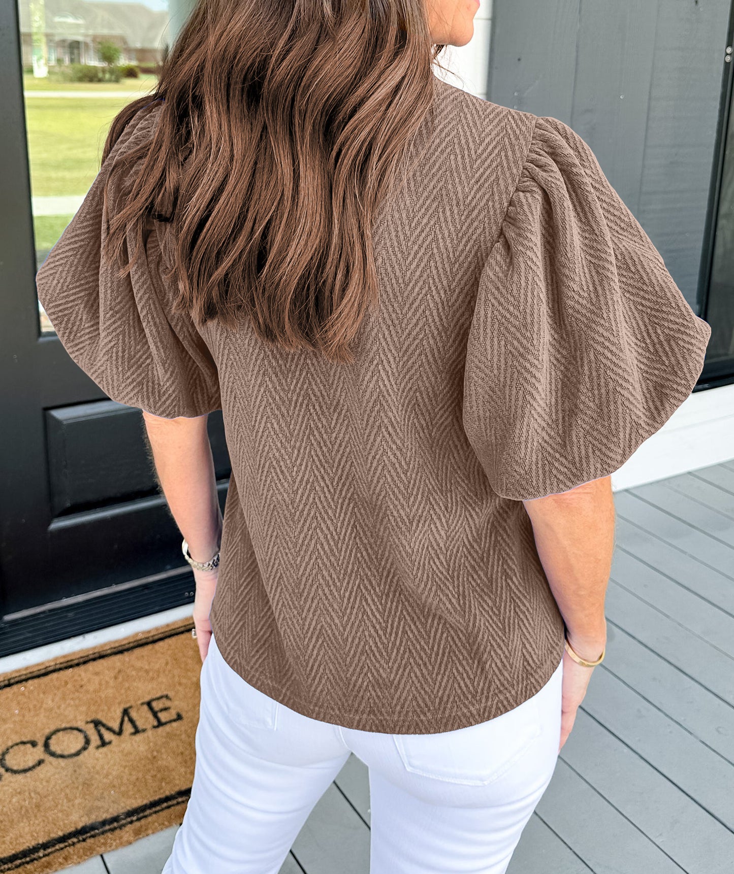 Solid Textured Puff Sleeve Mock Neck Blouse
