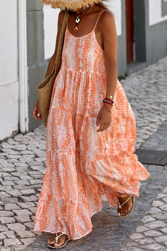 Abstract Print Spaghetti Straps Backless Tiered Maxi Dress