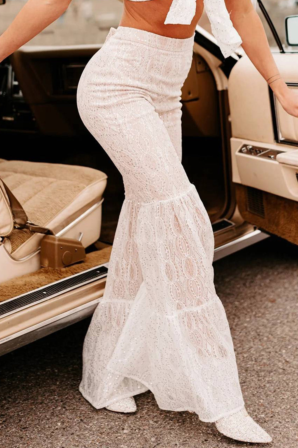 Sequined Lace Tiered High Waist Flare Pants