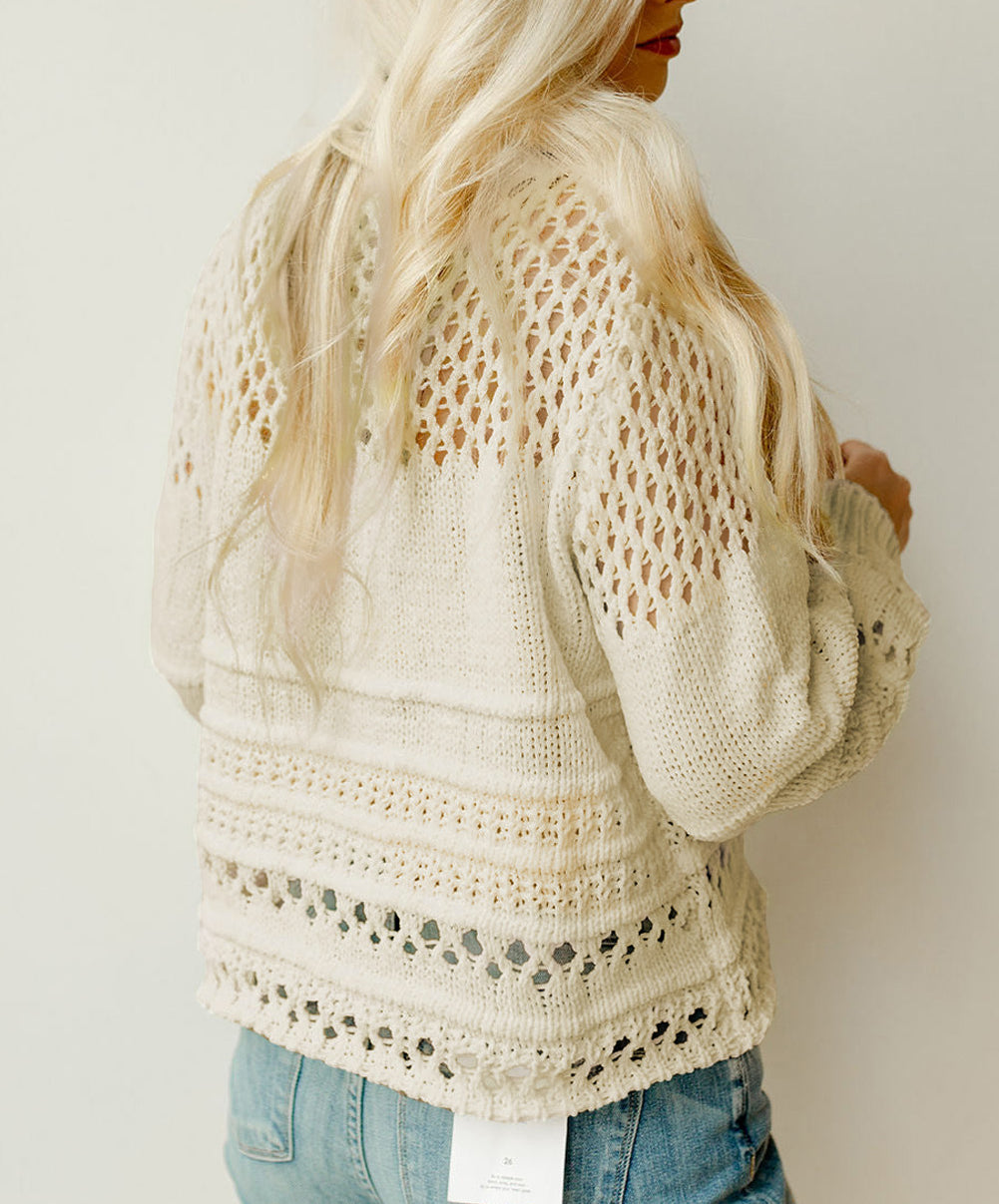 Solid Color Pointelle Knit Puff Sleeve Sweater
