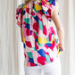 Abstract Pattern Ruffle Short Sleeves Blouse