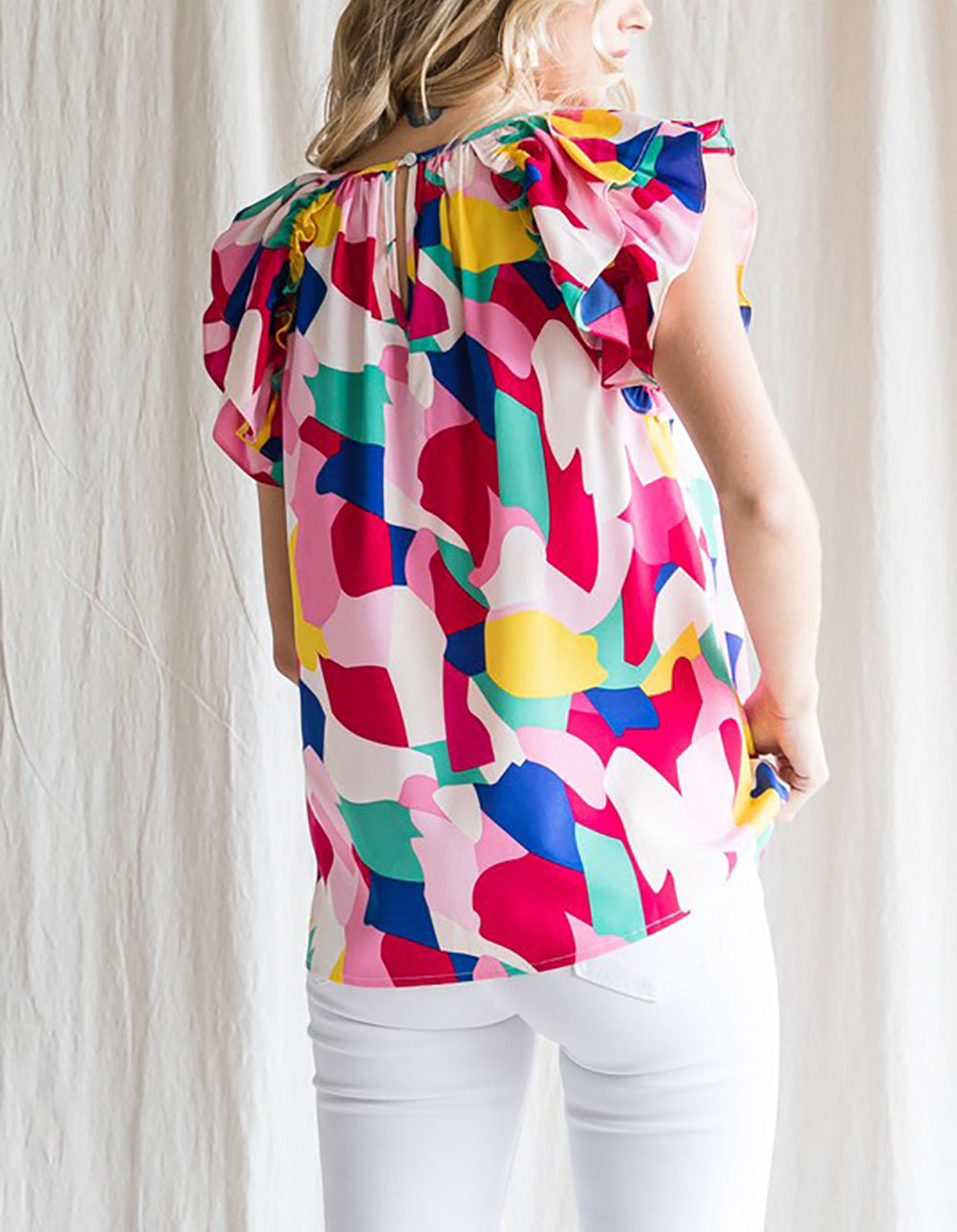 Abstract Pattern Ruffle Short Sleeves Blouse