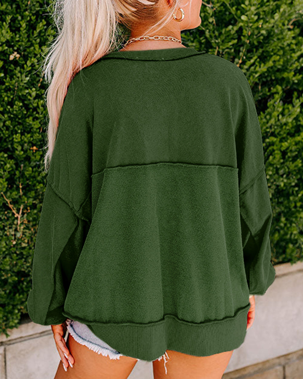 Drop Shoulder Henley Buttons Sweatshirt