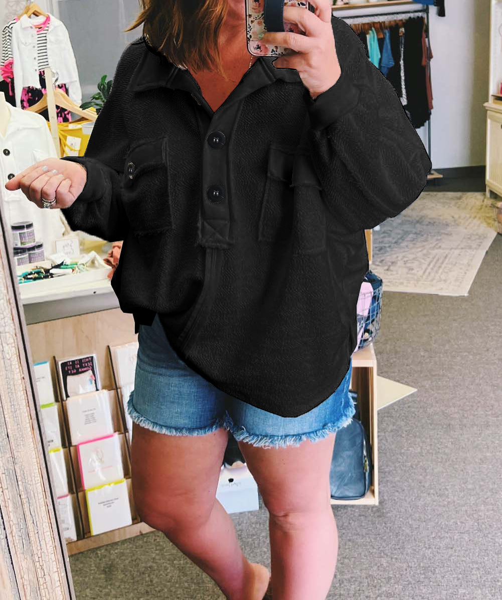 Plus Size Long Sleeve Flap Pocket Henley Top