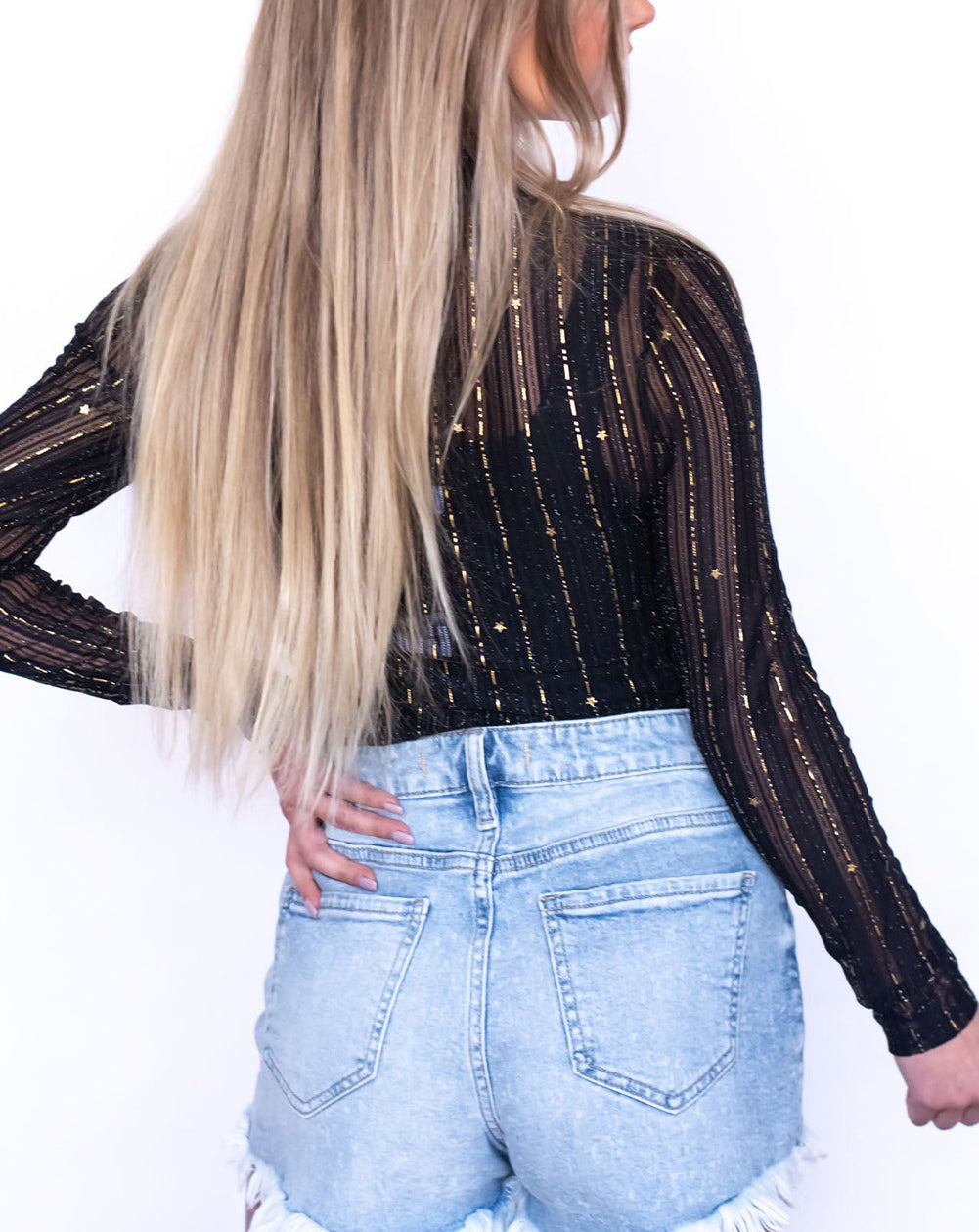 Black Star Mesh Mock Neck Long Sleeve Jumpsuit