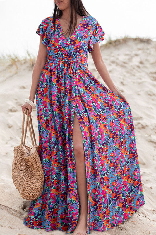 Floral Print V Neck Wrap Split Maxi Dress