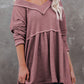 Waffle Knit V Neck Long Sleeve Babydoll Top