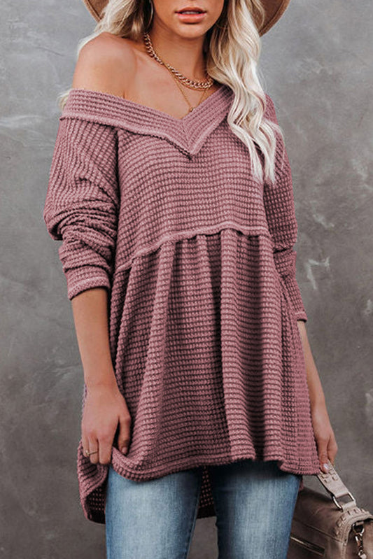 Waffle Knit V Neck Long Sleeve Babydoll Top
