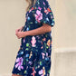 Floral Short Bubble Sleeve Button Mandarin Collar Dress