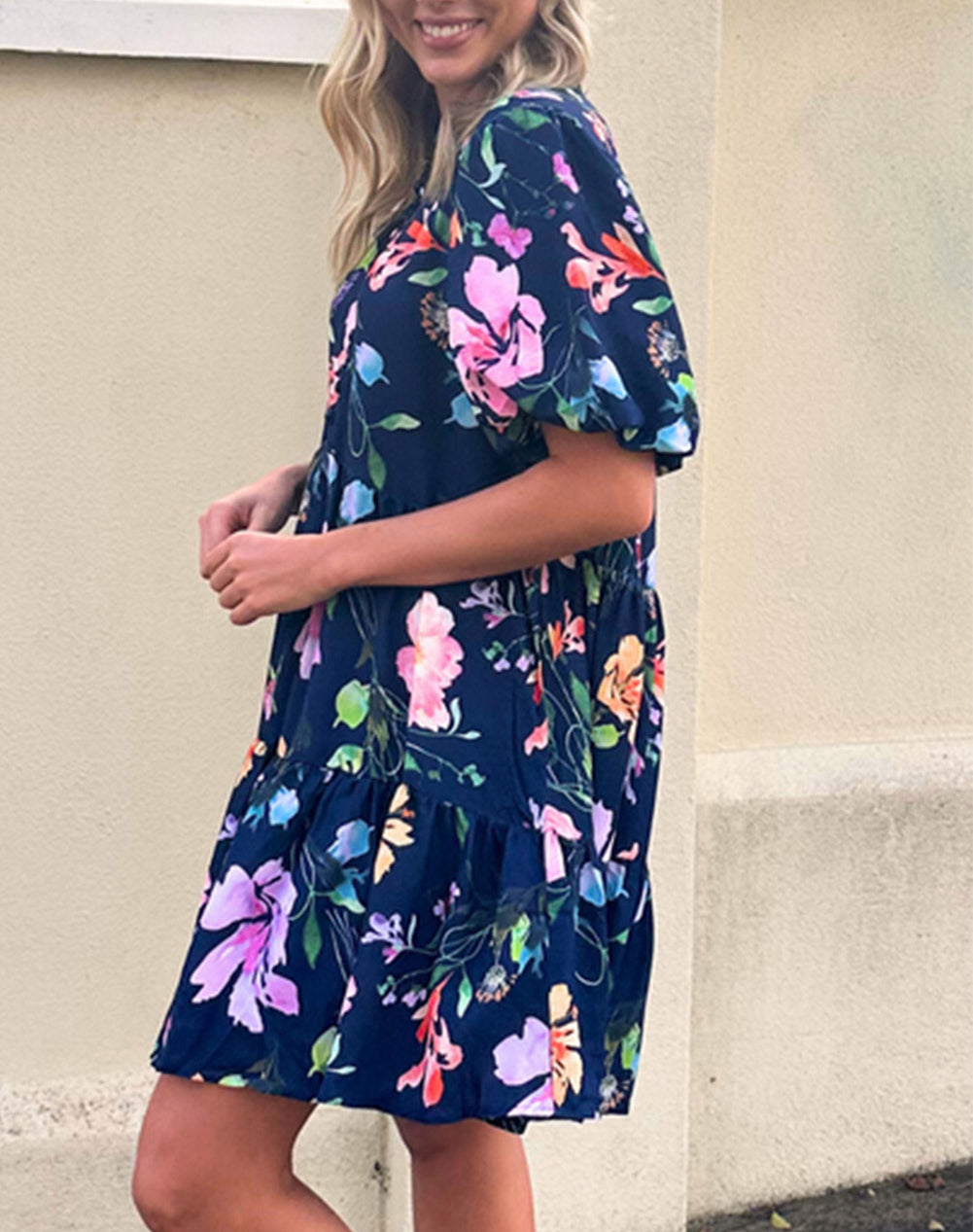 Floral Short Bubble Sleeve Button Mandarin Collar Dress