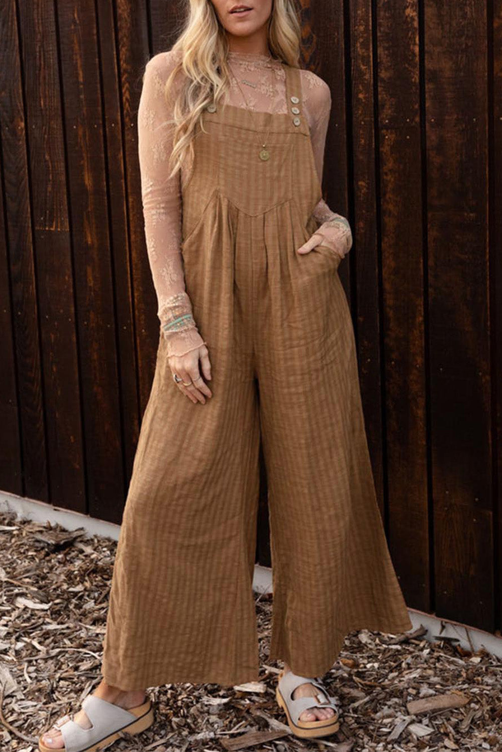 Striped Pleated Wide Leg Pocketed Jumpsuit