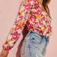 Floral V Neck Puff Sleeve Keyhole Back Bodysuit