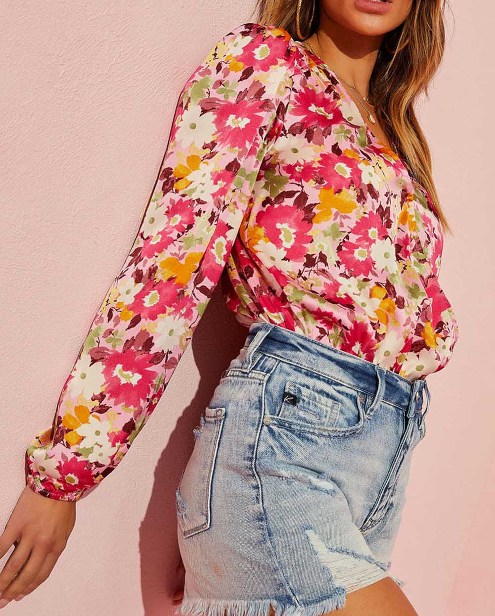 Floral V Neck Puff Sleeve Keyhole Back Bodysuit