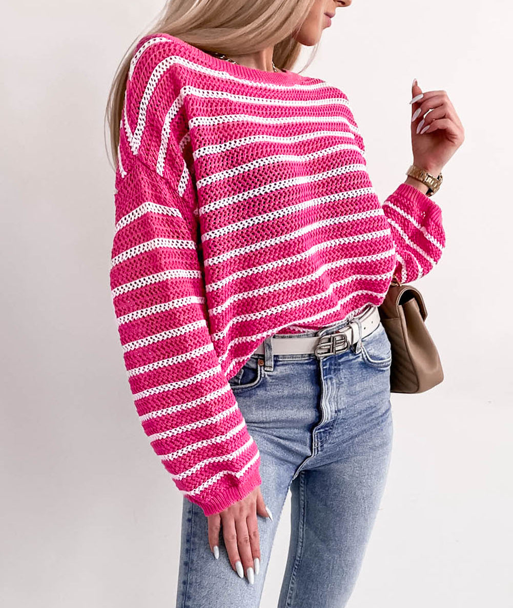 Drop Shoulder Contrasting Striped Sweater
