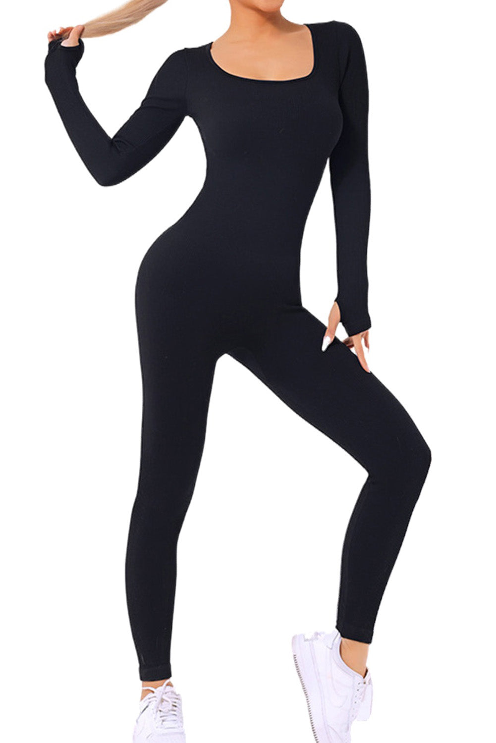 Scoop Neck Long Sleeve Seamless Yoga Jumpsuit