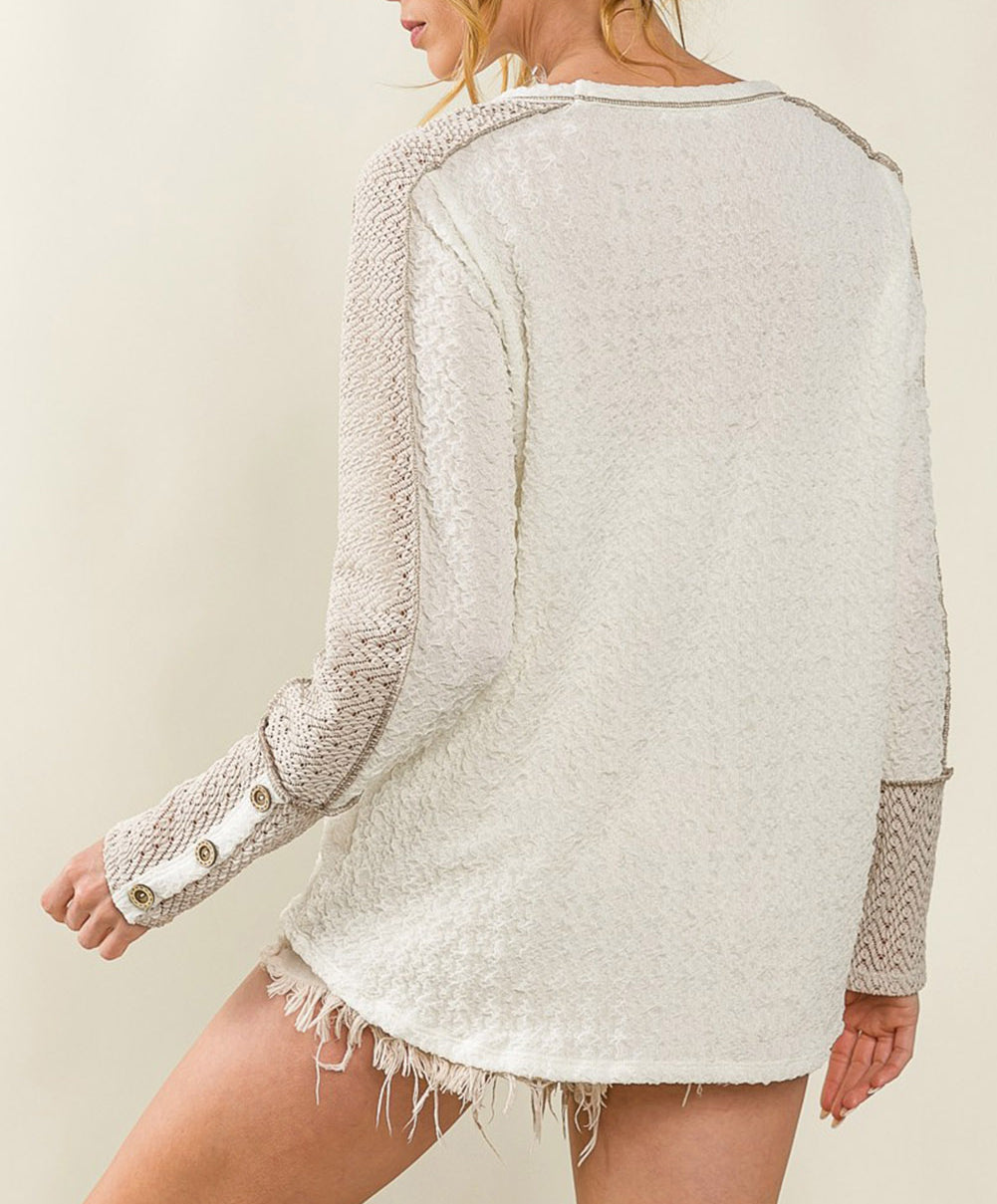 Exposed Seam Textured Patch Buttoned Sleeve Top