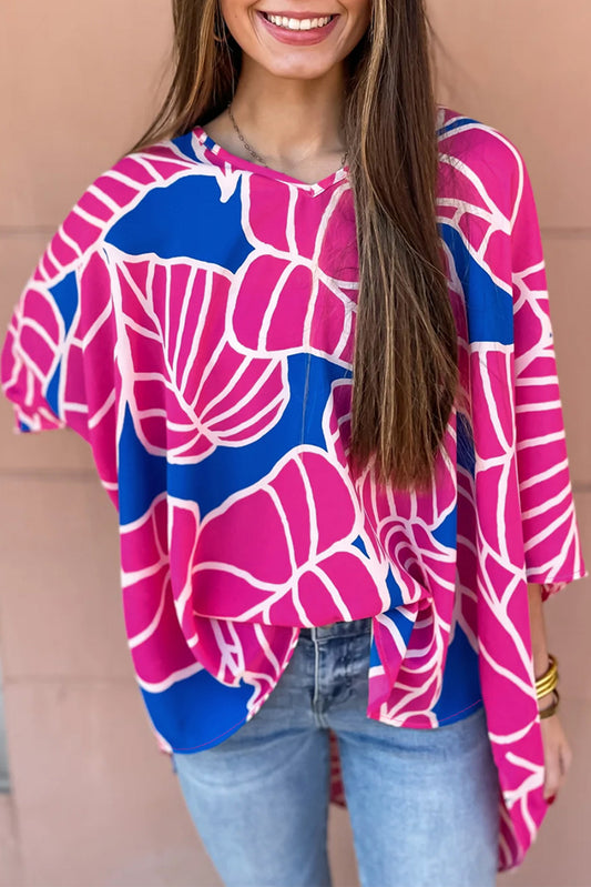 Floral Print 3/4 Sleeve V Neck Baggy Blouse