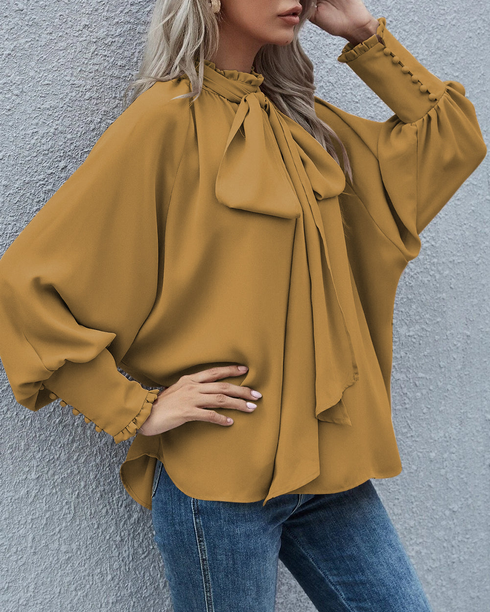 Frilled Knotted Mock Neck Bishop Sleeve Blouse