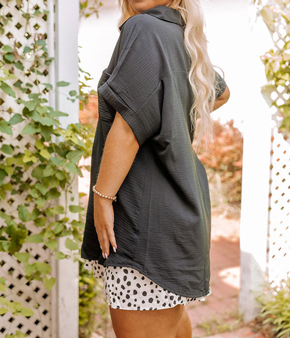 Black Plus Size Crinkle Textured Short Sleeve Shirt