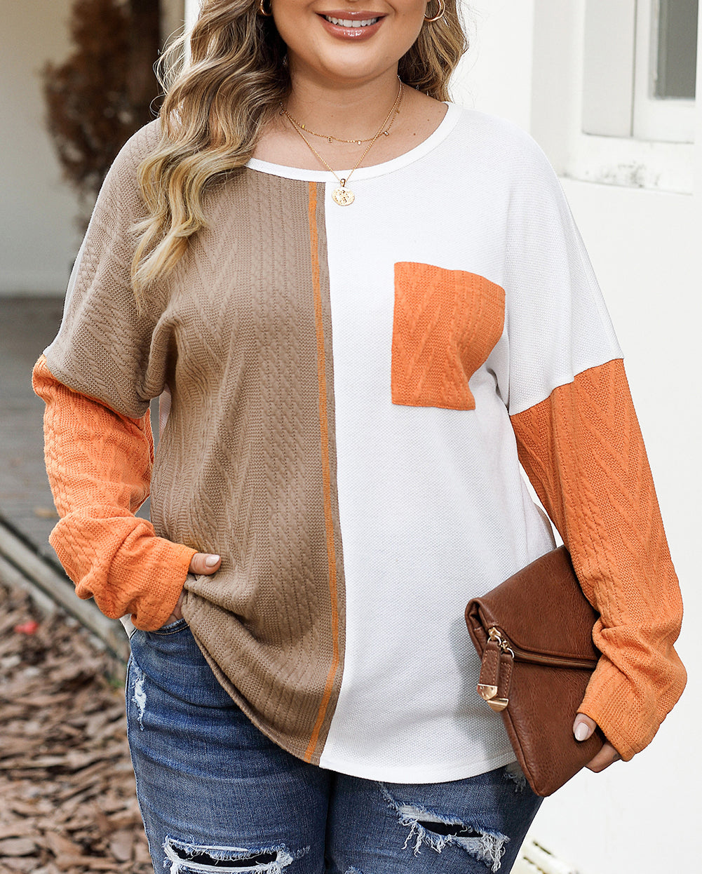 Plus Size Color Block Textured Patchwork Top with Pocket
