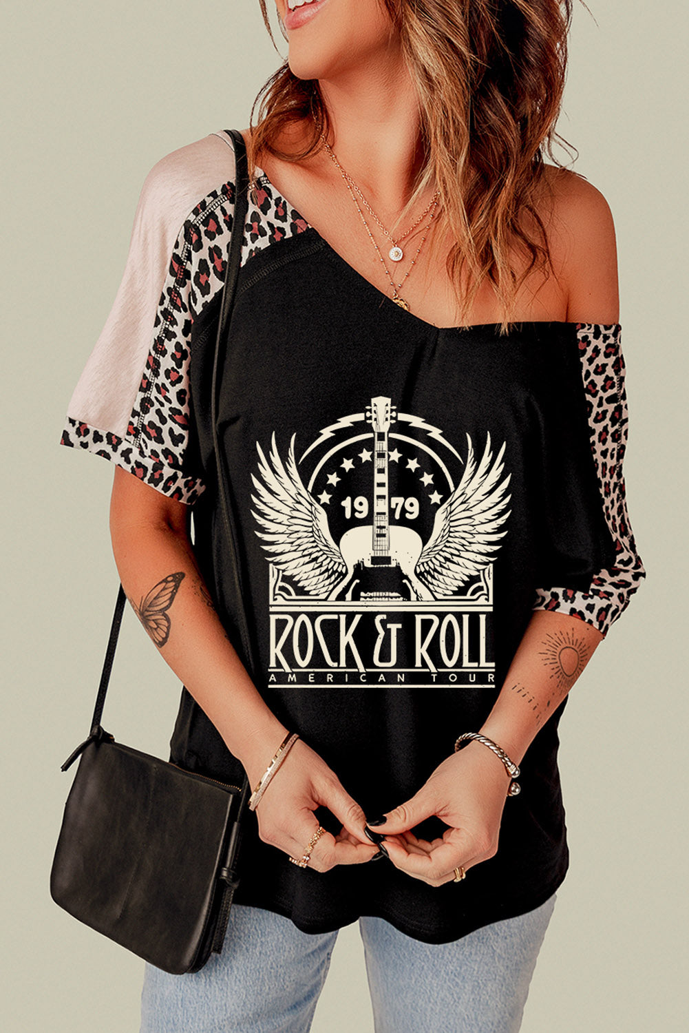 Music Festival Leopard Patchwork V Neck Graphic T Shirt