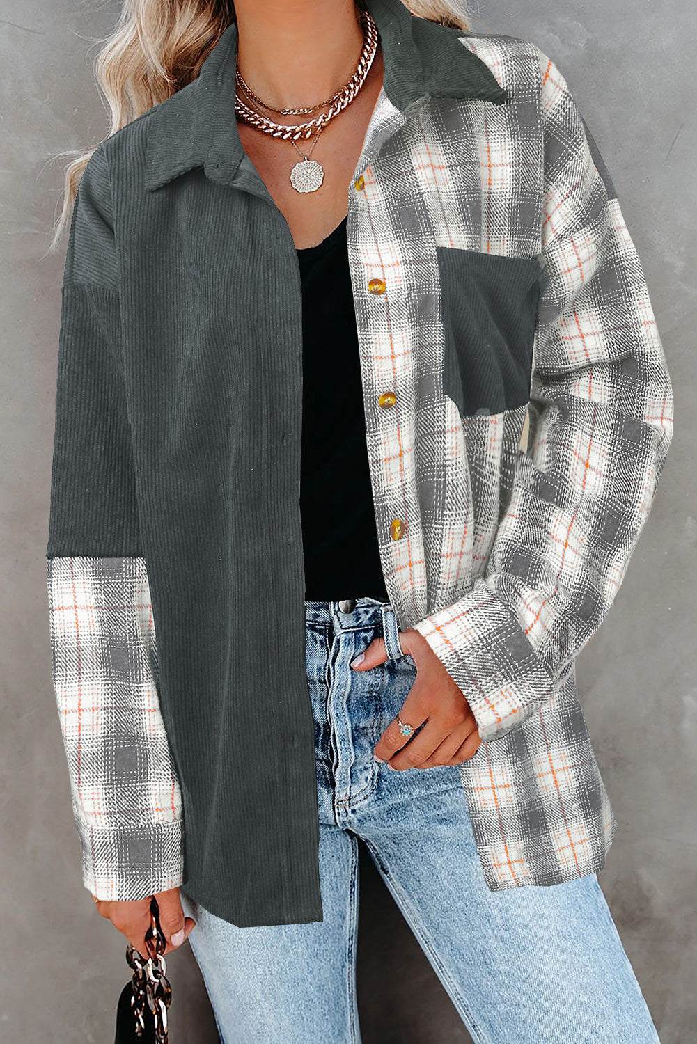 Plaid Color Block Button-up Oversize Corduroy Shirt