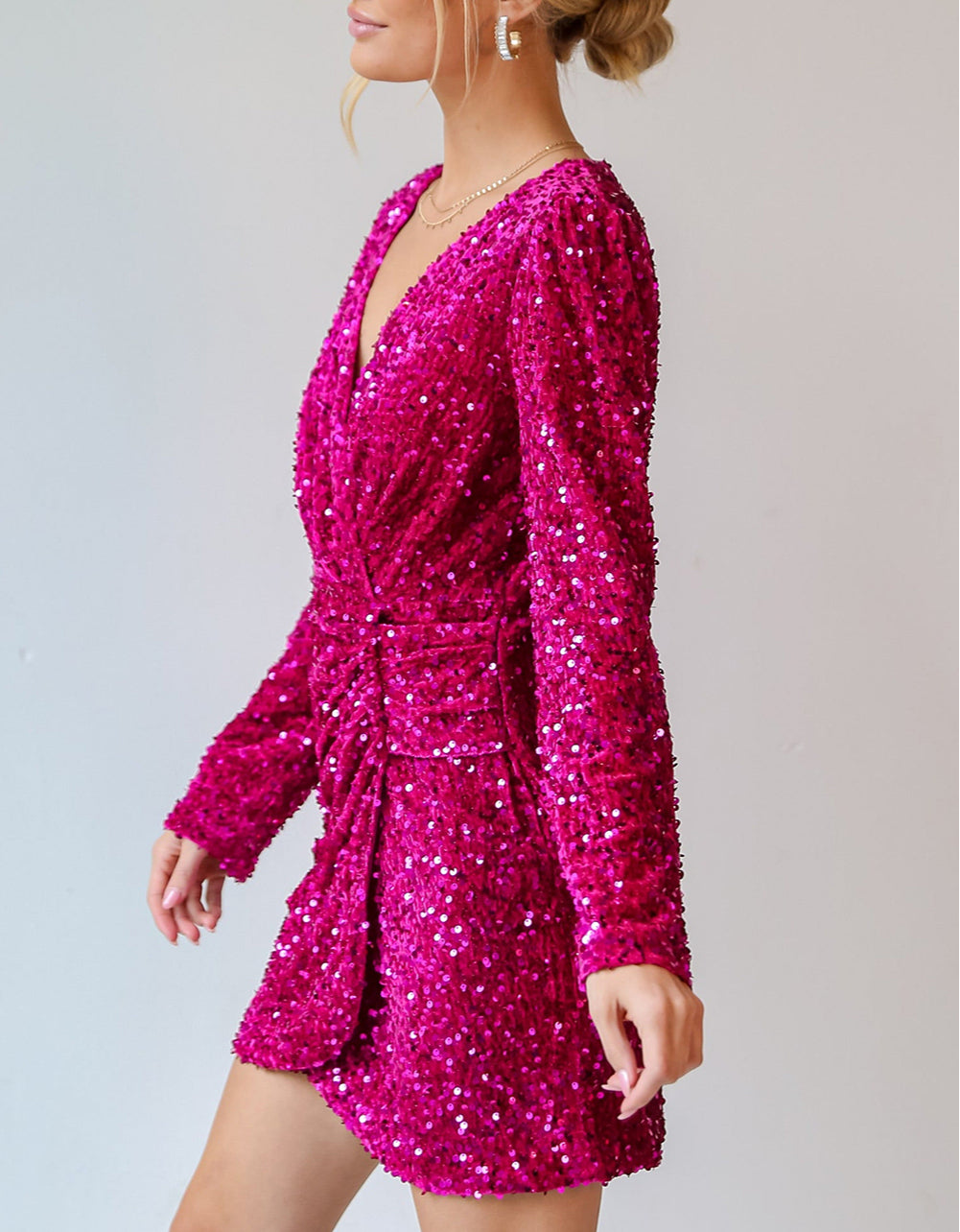 Sequin Long Sleeve V Neck Wrapped Mini Dress