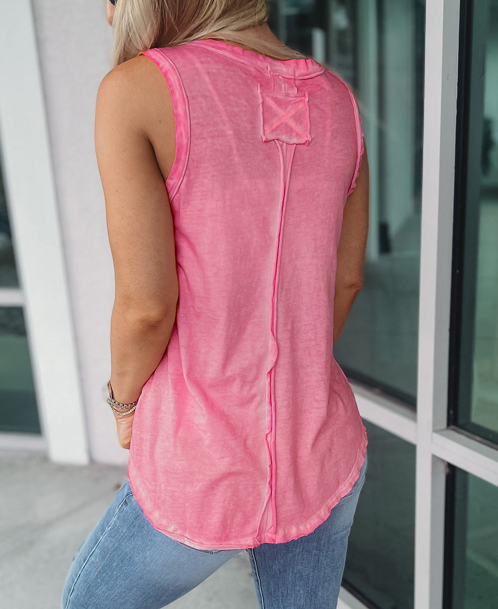 Pink Plain Seamed V Neck Tank Top