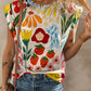 Flower Print Round Neck Cap Sleeve T Shirt
