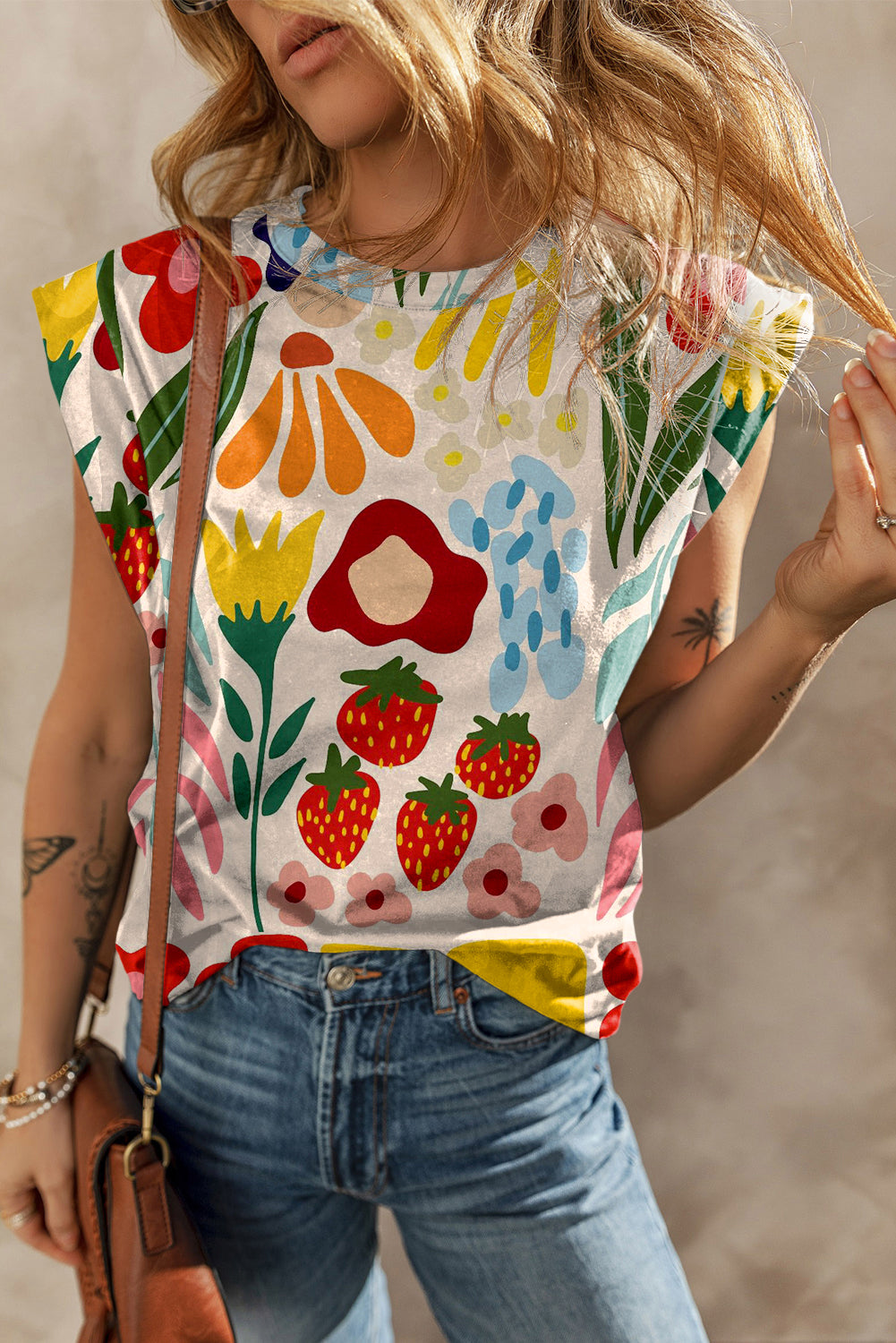 Flower Print Round Neck Cap Sleeve T Shirt