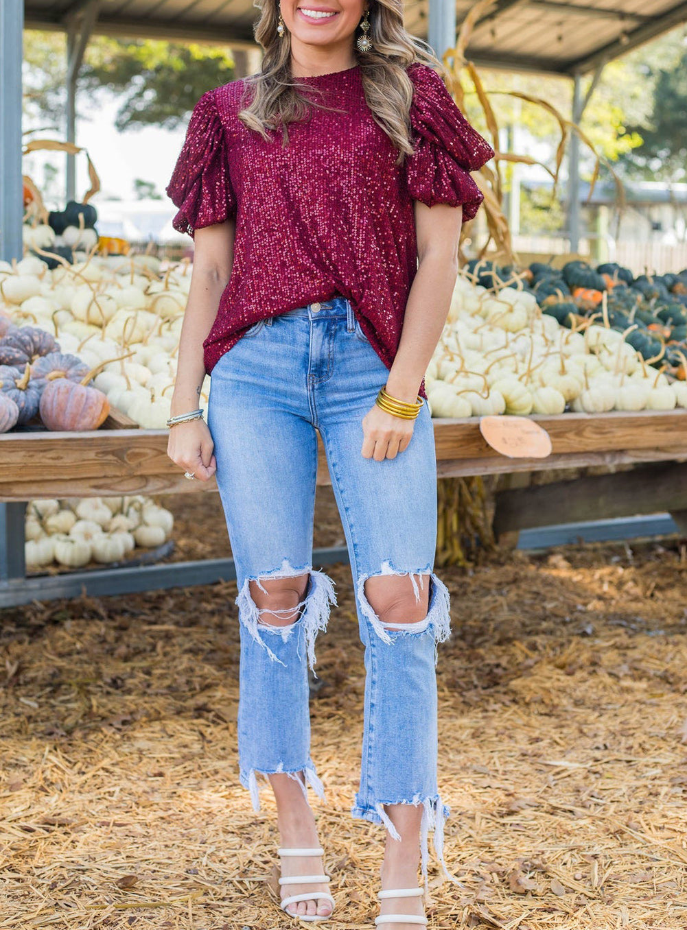 Glittering Sequin Short Bubble Sleeve Blouse