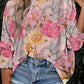 Shirred Cuff 3/4 Sleeve Loose Fit Floral Blouse
