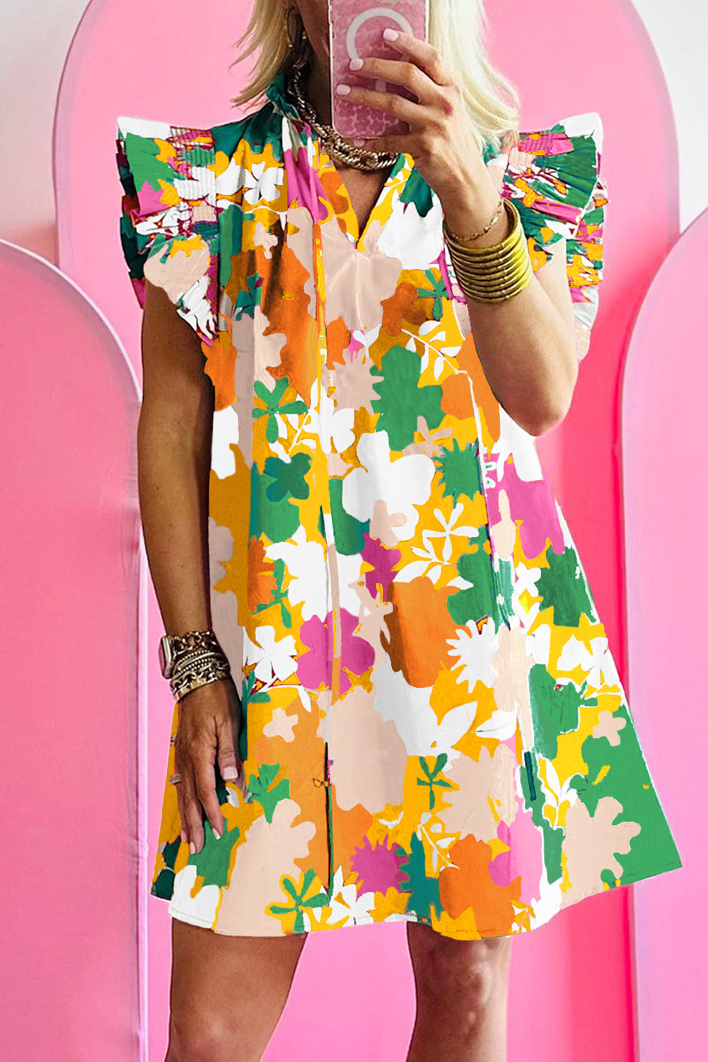 Floral Tie Split Neck Flutter Sleeve Mini Dress