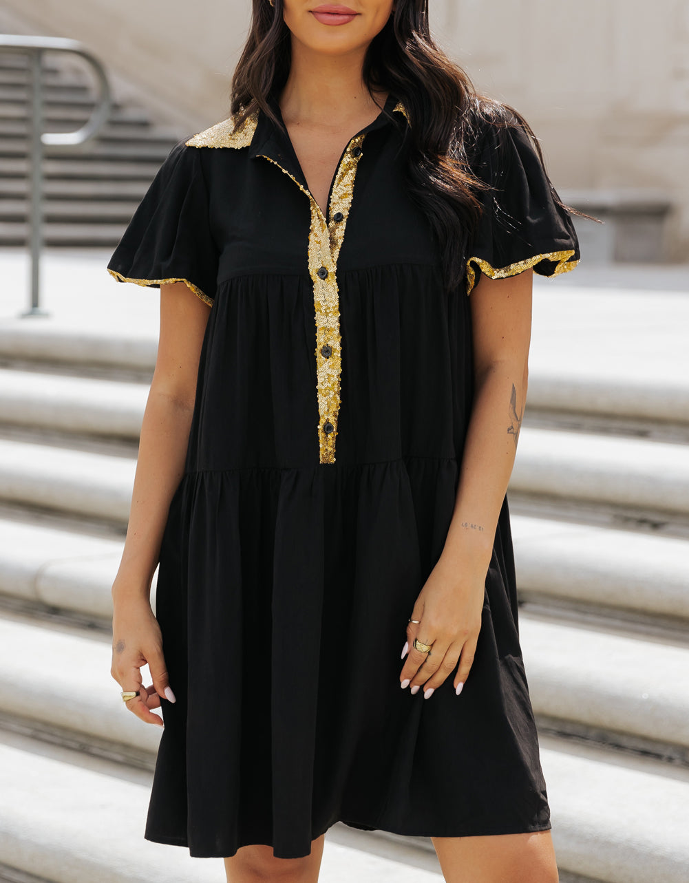 Sequin Trim Bubble Sleeve Game Day Shirt Dress