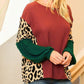 Leopard Splicing Waffle Color Block Puff Sleeve Top