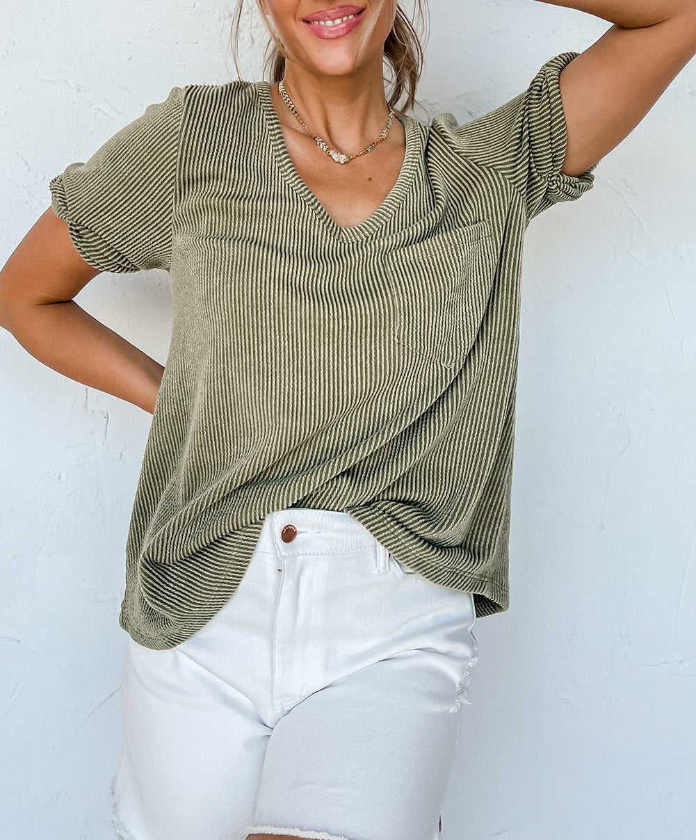 Grey Twist Short Sleeve Corded V Neck Top
