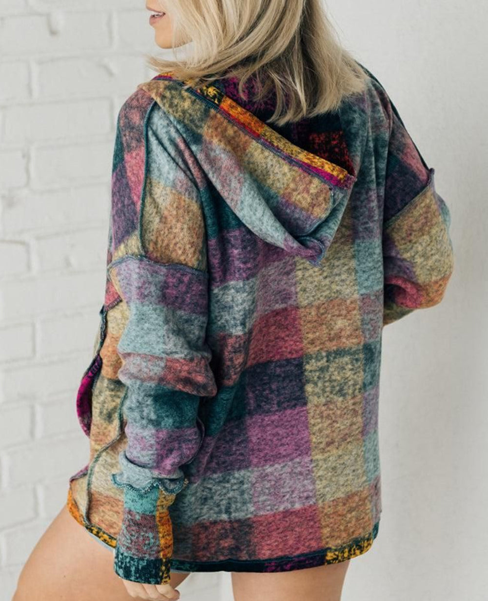 Brushed Plaid Buttoned Pullover Oversized Hoodie